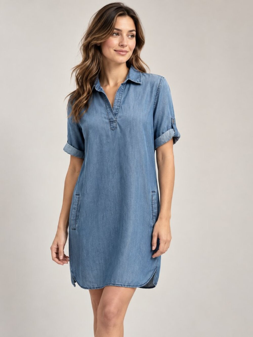 Velvet Heart XS Blue Tencel Chambray Shirt Dress Roll Tab Fall Dress Pockets